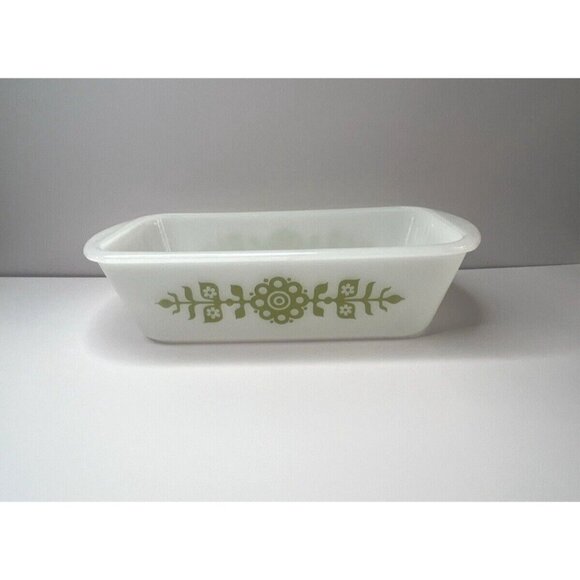Jeannette / Glasbake Green Floral Medallion Milk Glass Loaf Pan Casserole Dish - Picture 2 of 4